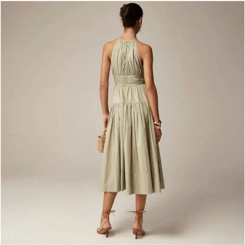 J. Crew Tie Waist Halter Midi Dress Pale Surplus Green A Line Tiered XS - Picture 9 of 9